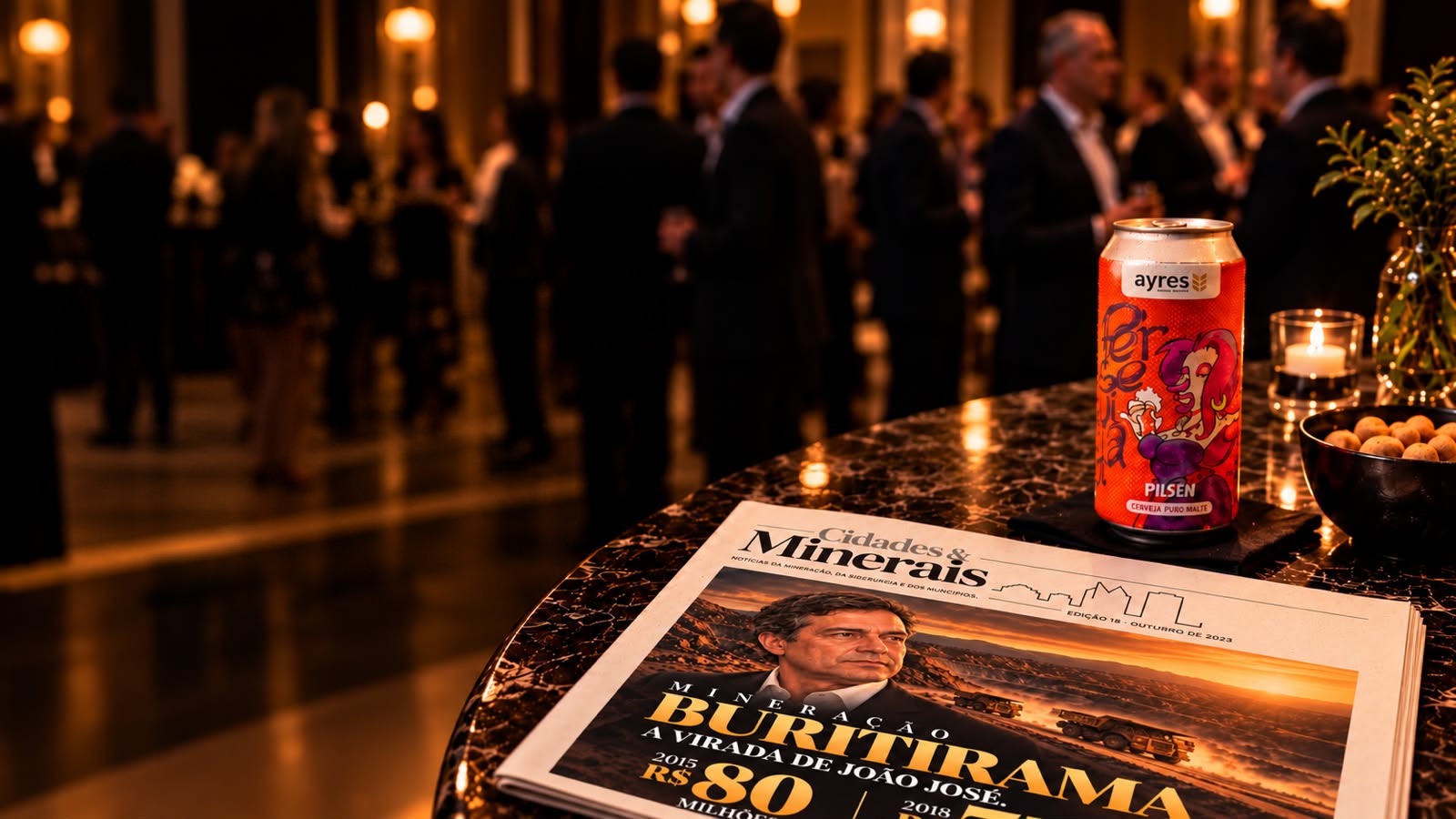 Convidados conversando em ambiente à meia-luz, com uma lata da cervejaria Ayres e um exemplar do jornal Cidades & Minerais sobre a mesa