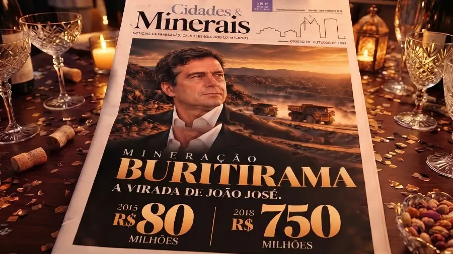 Capa da edição especial do jornal Cidades & Minerais sobre a mesa, com a manchete Mineração Buritirama